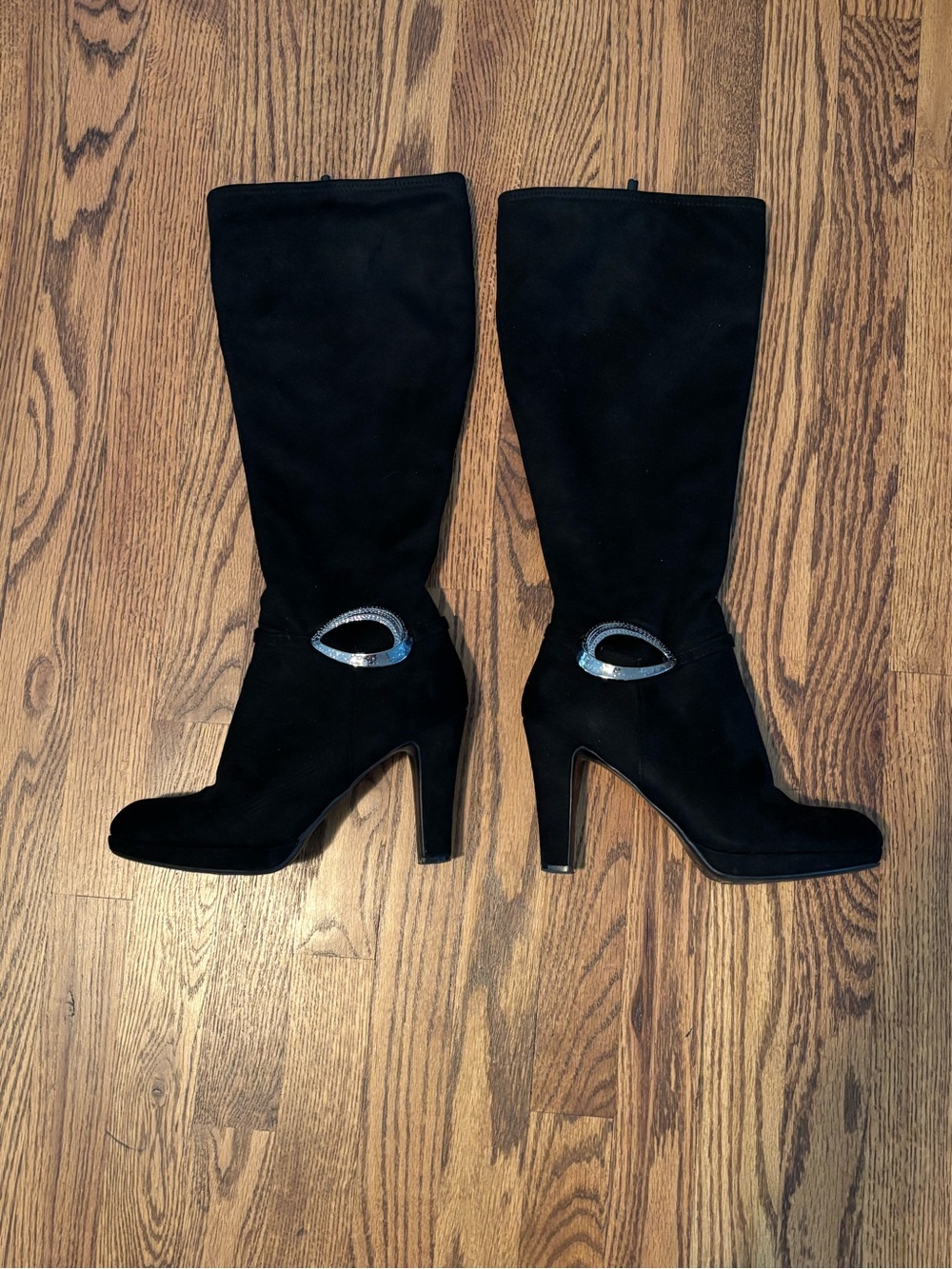 Impo Omara Black Stretch Fabric Knee High Dress Boots Block Heel Buckle Sz 9.5 M